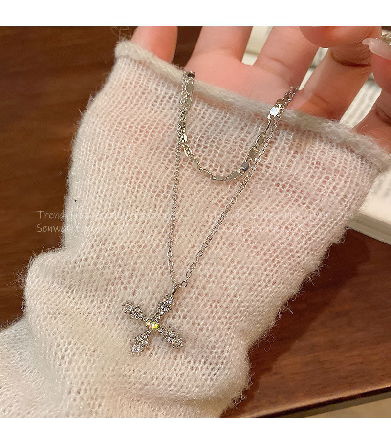 rhinestone cross double-layer necklace for women light luxury minority design hot girl clavicle chain trendy cool personality new ornament undefined