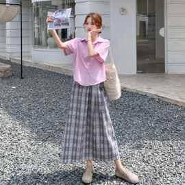 女装夏装粉色短袖衬衫搭配格子半身牛仔裙两件套