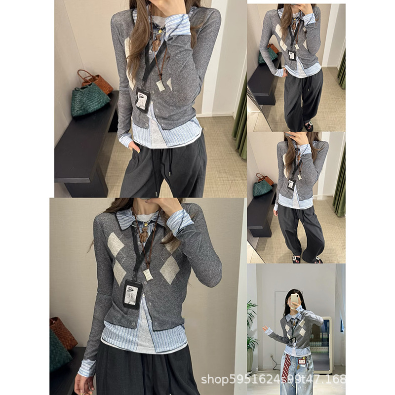 Ready in Stock! 25Ss Early Autumn New Interesting Printed Fake Two-Piece 3D Work Brand Quilted Bottoming Shirt Tops for Women