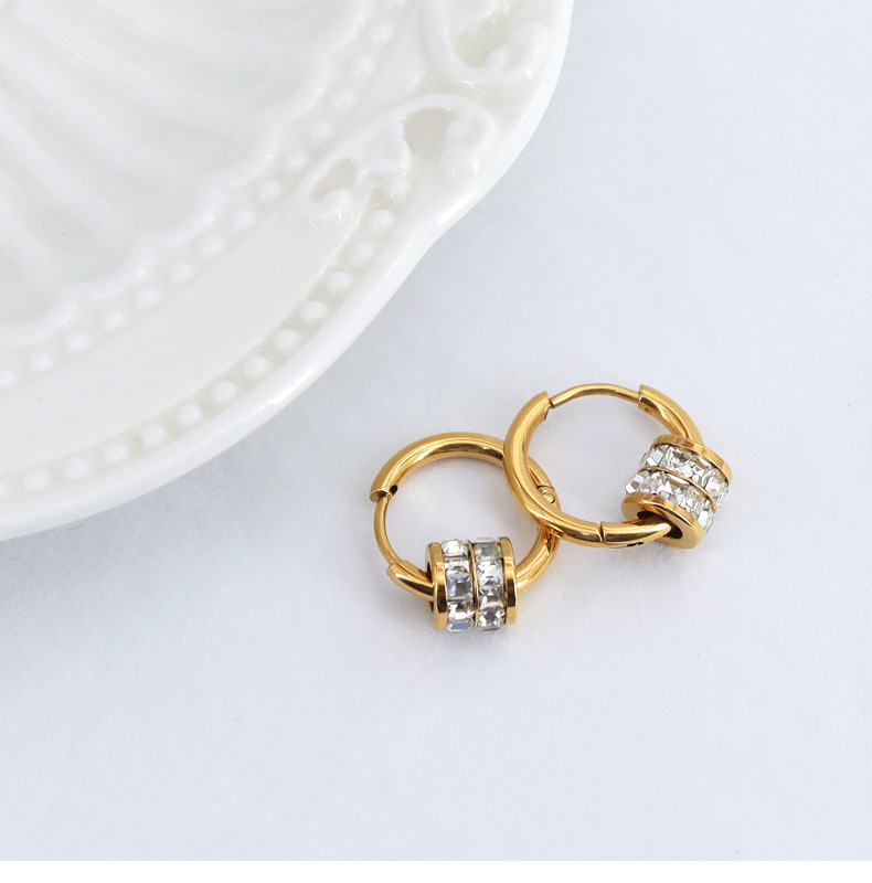 Fashion Round Titanium Steel Inlay Zircon Hoop Earrings 1 Pair