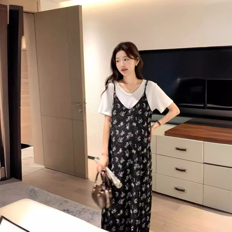 Summer Maternity Dress Dress Two-piece Set Sling Floral Chiffon Dress Casual Korean Style Trendy Mommy