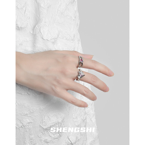 Korean style ring for women with a niche, simple, high-end, sweet and cool style love pink zircon open ring that does not fade