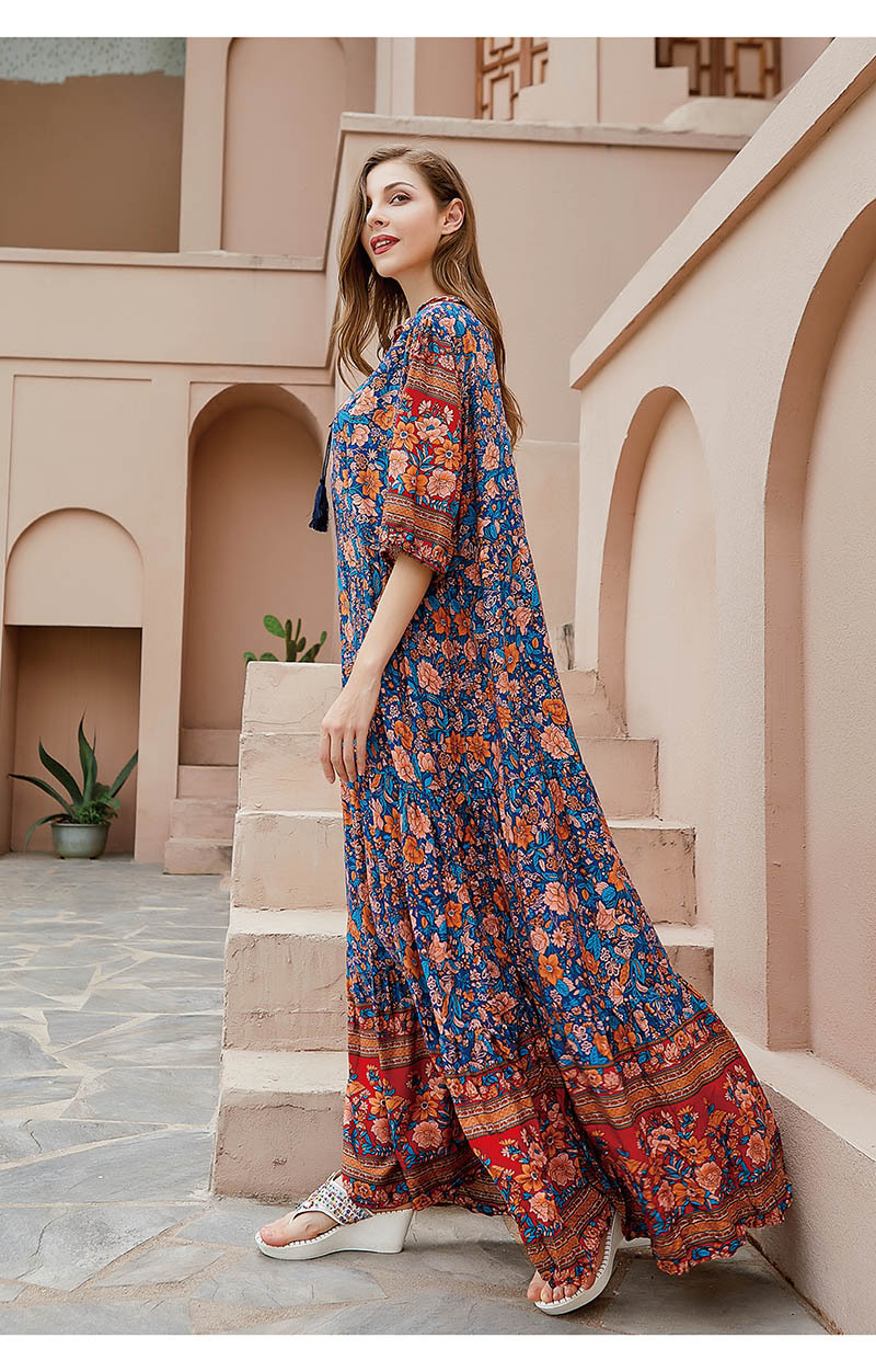 Langes Blumenkleid Für Damen Orientalischer Stil Baumwollseide_voghion.com