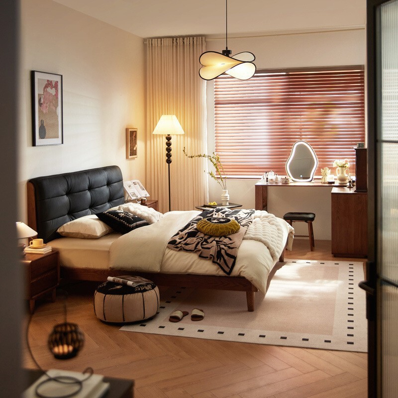 New Master Bedroom Large Bed Black Retro Solid Wood Bed Rice Leather Double Bed Row Frame Bed New Light Luxury Double Bed