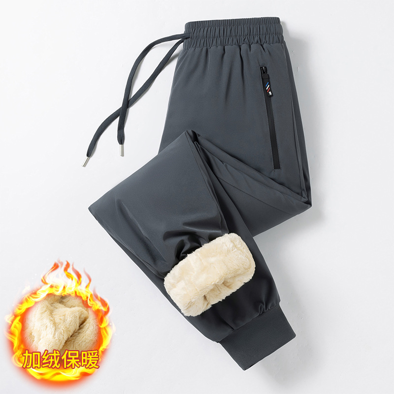 New men's casual long pants with elastic drawstring, fleece lining, thickened for warmth, waterproof, suitable for winter use, suitable for skiing.