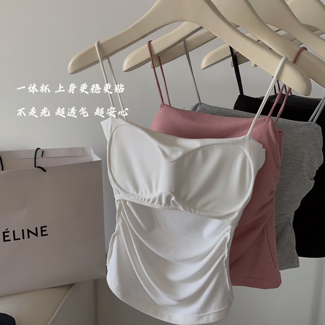 Belleza de primavera y verano, chaleco de tirantes para mujer, ropa interior y exterior con almohadilla para el pecho, ropa interior integrada, chaleco de fondo de color sólido de todo fósforo