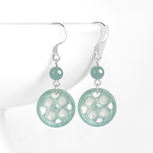 Natural A goods jade blue water round petal earrings S925 silver ice jade stone fashion women's earrings earrings simple