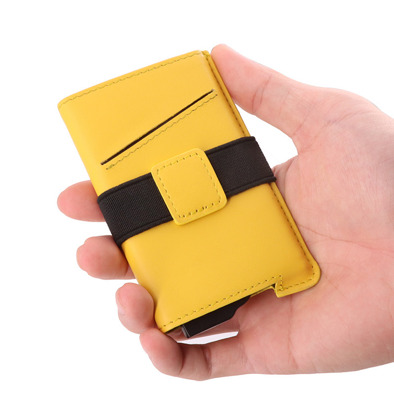 跨境鋁盒卡包RFID防盜刷松緊帶錢包真皮自動卡盒彈出名片盒定制