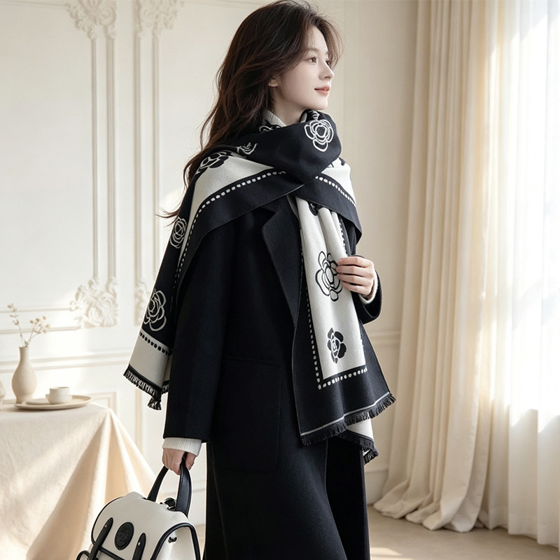 Camellia double-sided faux cashmere shawl scarf, Korean style versatile and elegant scarf, thickened and warm for autumn and winter, outer neck warmer