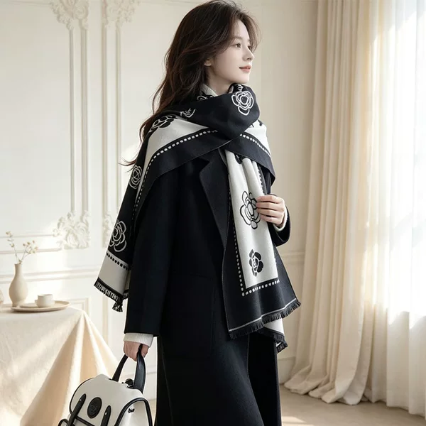 Camellia double-sided faux cashmere shawl scarf, Korean style versatile and elegant scarf, thickened and warm for autumn and winter, outer neck warmer