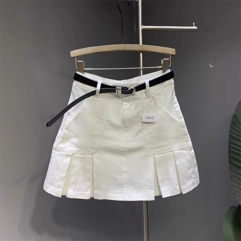 South Korea Washed Cotton White Denim Pleated Skirt 2025 Spring and Autumn New Korean Style High Waist Anti-walking Sheath Skirt for Women