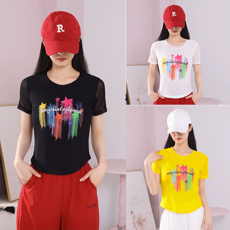 2025 новая летняя двухслойная сетчатая ткань с красочным принтом, одежда для квадратных танцев, новые топы с короткими рукавами