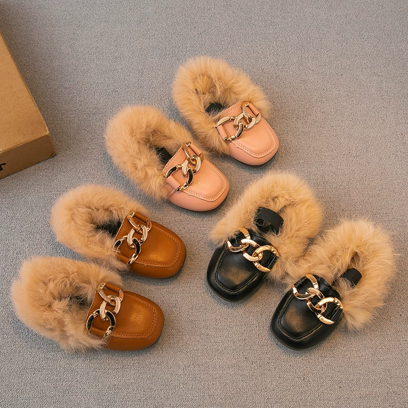 Детская кожаная обувь 2024 зимняя корейская версия девочки кроличья шерсть плюс бархат теплая хлопчатобумажная обувь студентка мода принцесса шерстяная обувь