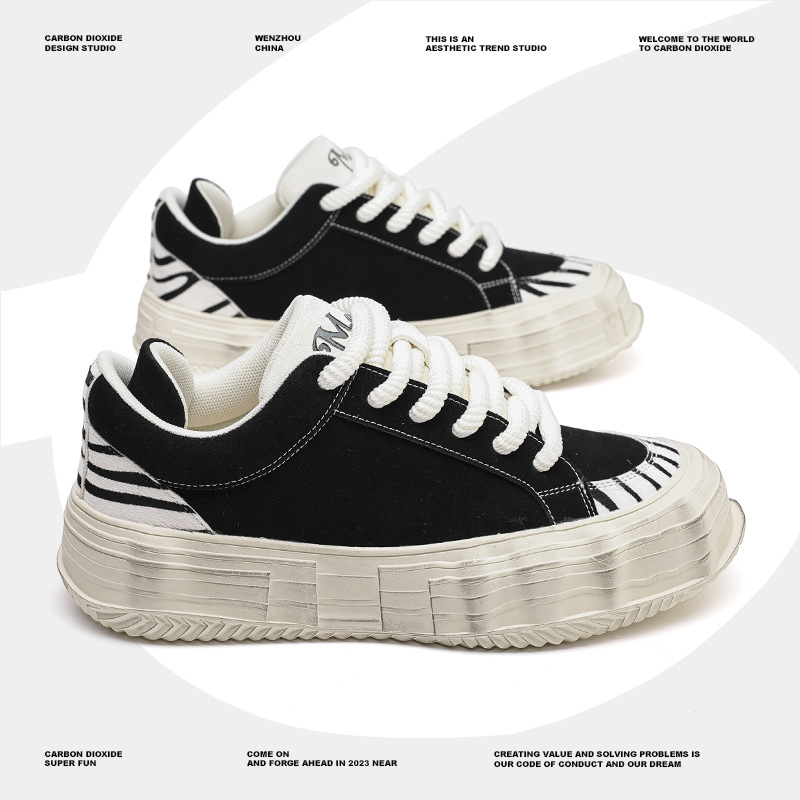 Black white zebra stripes with thick soles, increased solubility, distressed and deconstructed low top board men's_voghion.com