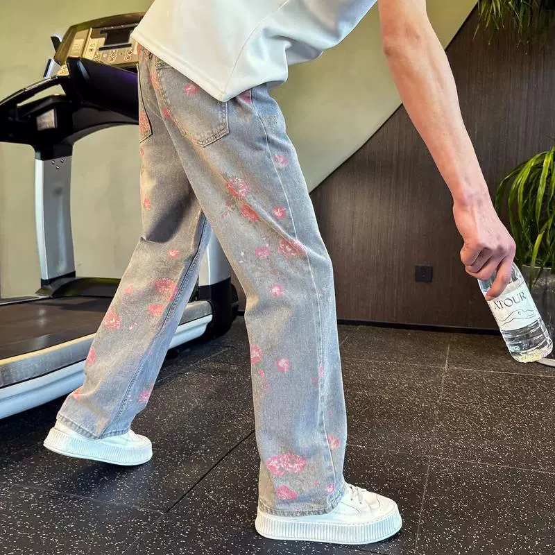 小众桃花宽松直筒牛仔裤男美式ins高街微喇裤夏季潮牌设计感裤子