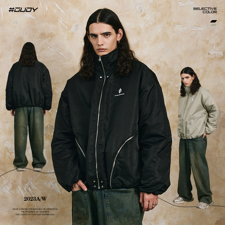 # OVDY invierno Chaqueta de algodón acolchado de los hombres de moda de los hombres de costura multi-cremallera diseño bordado pequeño logo chaqueta de la chaqueta de vuelo