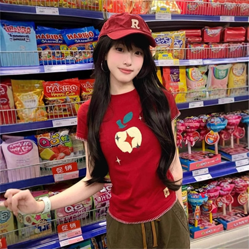 Apple刺繍右肩スリム半袖Tシャツ女性用夏のホットガールスタイルデザイン痩身と年齢軽減トップ半袖トレンディ|undefined
