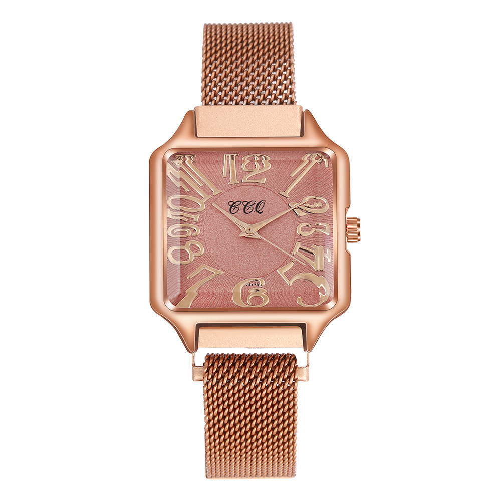 Νέο μοντέρνο γυναικείο μοντέρνο μοντέρνο μινιμαλιστικό τετράγωνο καντράν από χαλαζία με δικτυωτό λουράκι πόρπης_voghion.com