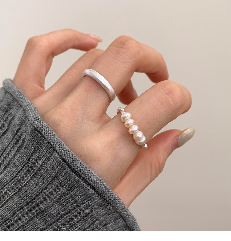 Pearl Broken Silver Ring Adjustable Brushed Minimalist Design_voghion.com