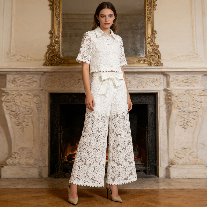 Elegant Retro Two Piece Set With Lapel Short Top And Bow Trousers_voghion.com