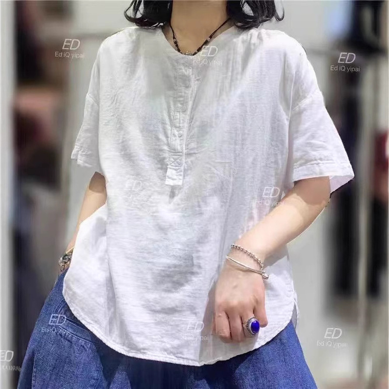 New Vintage Simple Half Open Round Neck Comfortable Bat Loose Casual Pullover Solid Color Short Sleeve Shirt