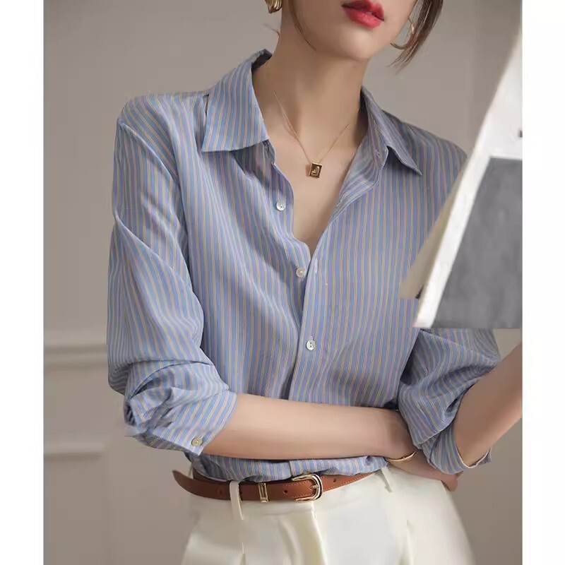 Tube mesh exquisite and capable blue striped chiffon thin long-sleeved shirt Women's loose draping temperament shoulder shirt Tube mesh exquisite and capable blue striped chiffon thin long-sleeved shirt Women's loose draping temperament shoulder shirt