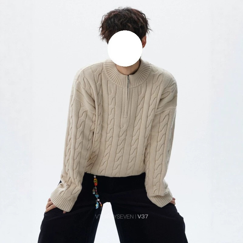 American-style half-zip cable-knit sweater for men, winter trendy, casual couple's thick knitwear, retro casual inner layer