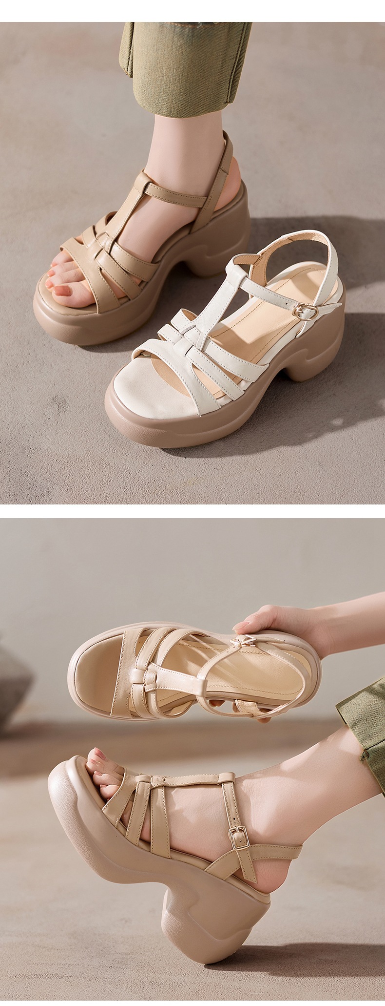 Sandal nữ hở mũi da bò thật gót xuồng đế dày quai chữ T — màu trắng ngà chi tiết 1