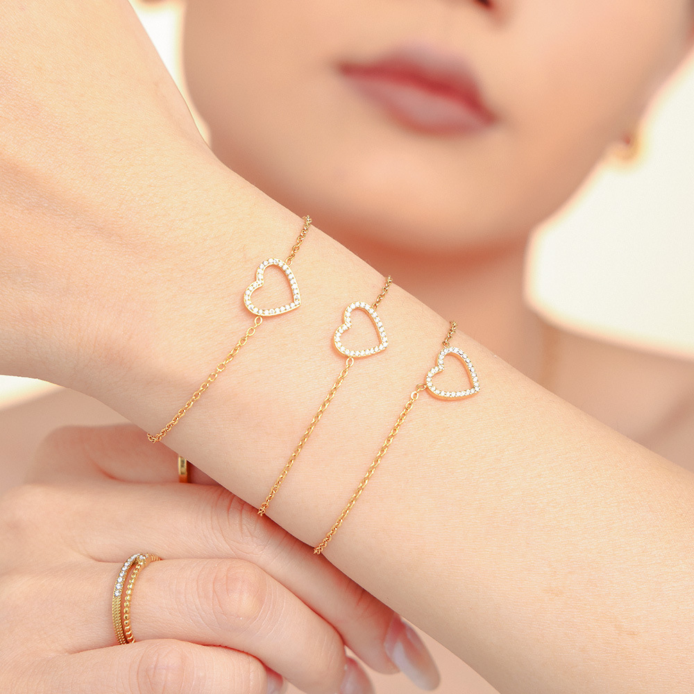 Square Sugar Ins Heart-shaped Handmade Zircon Double Layered Collarbone Necklace Bracelet Set Titanium Steel PVD Electroplating Color Preservation_voghion.com