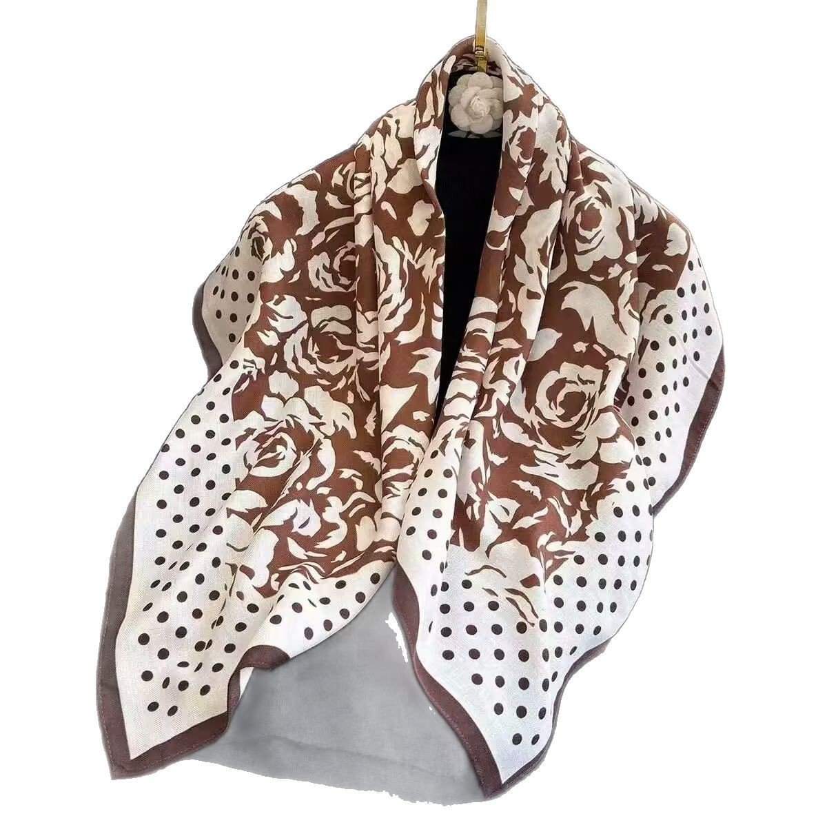 Cachecol feminino de cashmere sintético com estampa de bolinhas e rosas, tamanho grande quadrado de 90 cm, estilo étnico, macio e agradável ao toque. Ideal para aquecer o pescoço._voghion.com