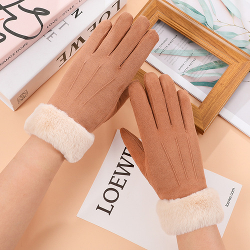 Suede warm gloves winter ladies students cute Korean style velvet thickened outdoor cycling touch screen gloves