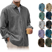 欧美跨境新款男士休闲宽松纯色灯芯绒翻领衬衫独立站Wish亚马逊