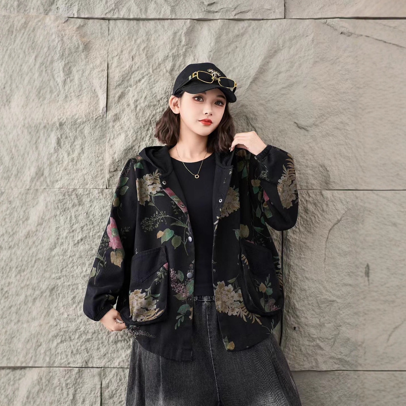 印花牛仔外套女 2025秋新款复古宽松大口袋连帽单排扣开衫上衣|undefined
