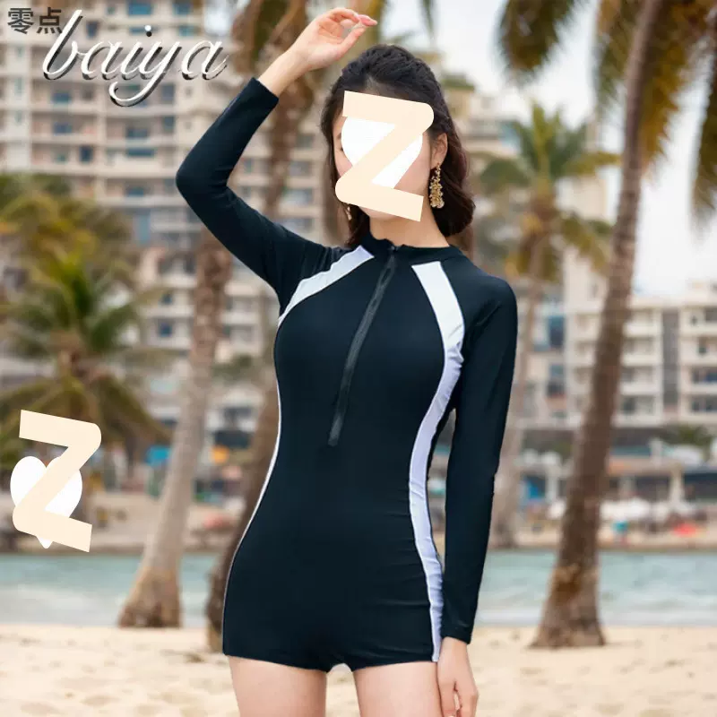 运动女网红运动新款保守显瘦学生长袖纯欲游泳装黑色泳衣女连体