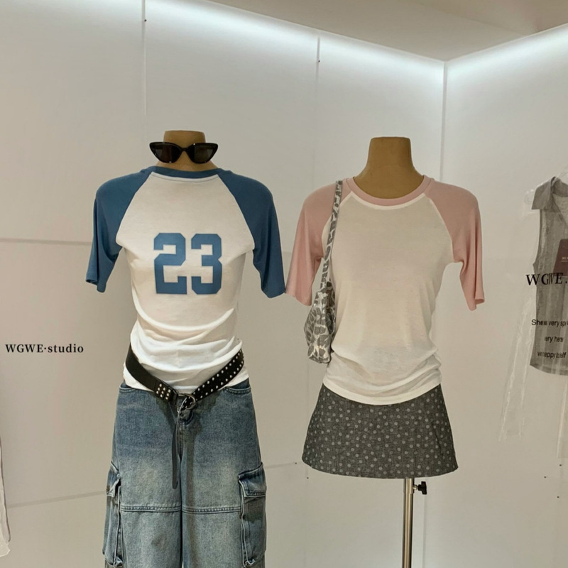 Wgwe Summer American-Style Weekend Color-Blocked Letter Print Versatile Slim-Fit Round Neck Short-Sleeved T-Shirt for Women W10229