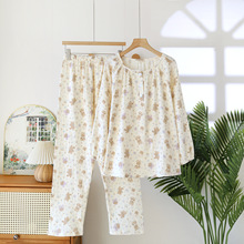 睡衣女绉纱棉长袖长裤套装全棉双层纱布家居服套装卡通圆领套头款