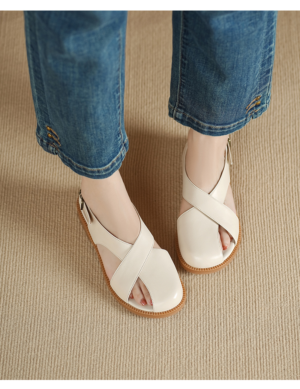 Dép sandal nữ quai chữ V đơn giản da bò mềm đế bệt — màu hồng chi tiết 7