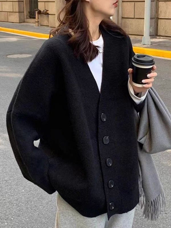 黑色羊毛外套女大码2025加厚外穿复古中长款慵懒宽松v领开衫毛衣|undefined