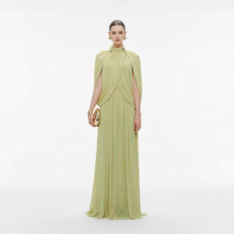 European and American Foreign Trade Cross-Border 2025 Autumn New Style Stand Collar Elegant Solid Color Pleated Knit Long Dress European and American Foreign Trade Cross-Border 2025 Autumn New Style Stand Collar Elegant Solid Color Pleated Knit Long Dress