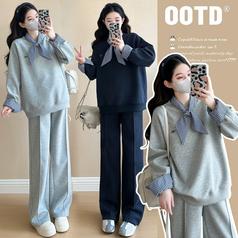 Одежда для беременных Весна и Осень Набор 2025 Новая мода корейская версия свободного свитера с длинными рукавами повседневные спортивные брюки из двух частей