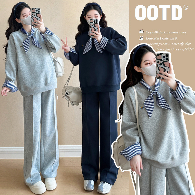 Pregnant women's clothing spring and autumn suit 2025 new fashion Korean version of loose long sleeve sweater casual sports pants two-piece set Pregnant women's clothing spring and autumn suit 2025 new fashion Korean version of loose long sleeve sweater casual sports pants two-piece set
