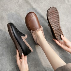 Mom's Shoes Autumn/Winter New Cotton Shoes Middle-Aged Soft Sole Comfort Flat Genuine Leather Warm Plush Single Shoes Wool Leather Shoes for Women