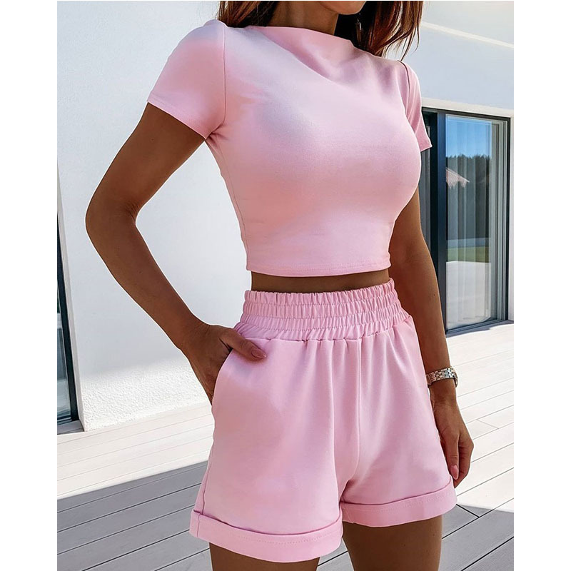 2021 Summer 5 Colors Solid Color Short-Sleeved T-shirt and Shorts Two-Piece Set Loose Leisure Suit in Short Sets