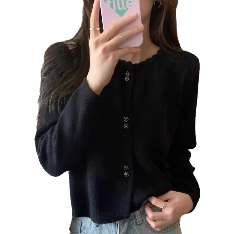 甜美温柔风玫瑰纽扣毛衣开衫短款上衣波浪花边圆领长袖针织衫外套|undefined