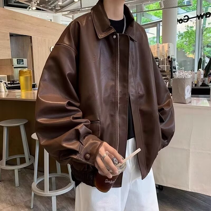 Autumn retro polyurethane jacket, American style, oversize