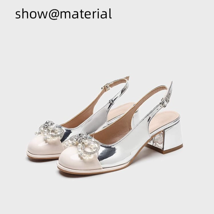 Стразы металлические пуговицы на высоком каблуке толстые каблуки женские весенние новые темпераментные серебряные одиночные туфли лакированные сандалии