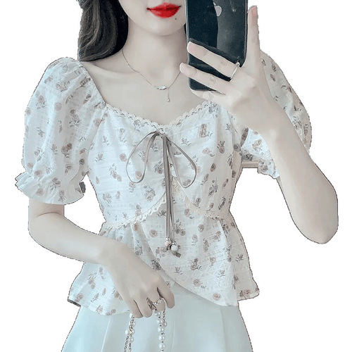 French Sweet Floral chiffon blouse with square neck and puff sleeves, women's summer waist-cinching slimming petite short shirt