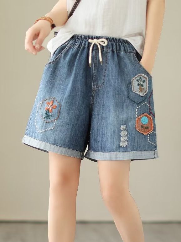 日系森女系 2023夏季新品复古松紧腰卡通贴布刺绣牛仔短裤女直筒