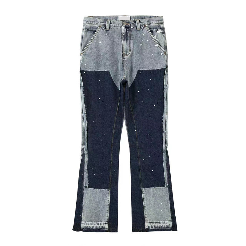 High Street lavado apenado costura registro jeans hombres moda retro Splash-tinta impreso pantalones de pierna ancha
