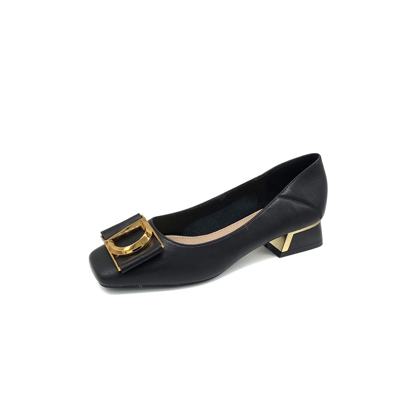 2023 summer new low-heeled solid color shallow mouth single shoes women's metal buckle Korean leather shoes women_voghion.com